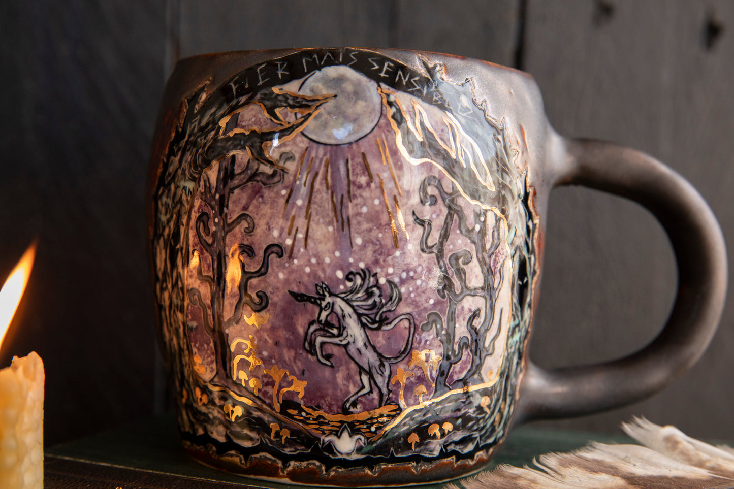 Fierce but sensitive ceramic mug with unicorn