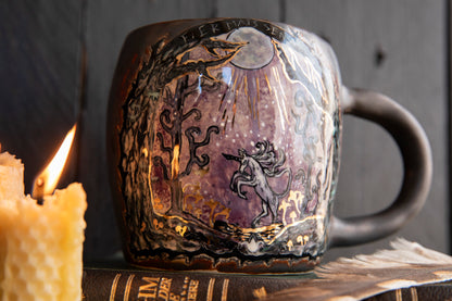 Fierce but sensitive ceramic mug with unicorn