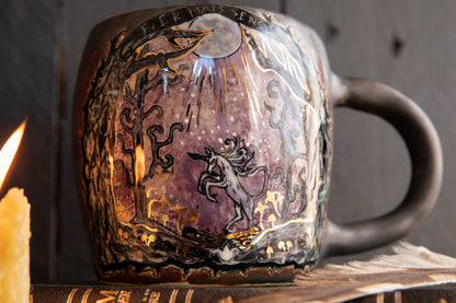 Fierce but sensitive ceramic mug with unicorn