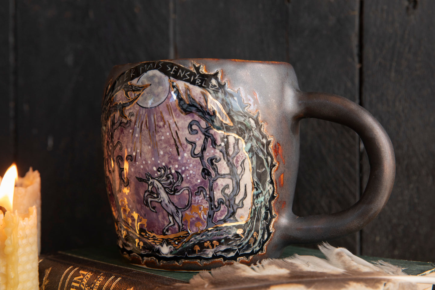 Fierce but sensitive ceramic mug with unicorn
