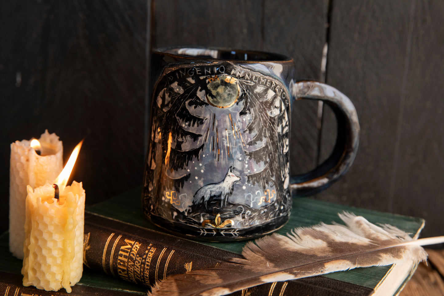 Beautiful meaningful mug with white wolf