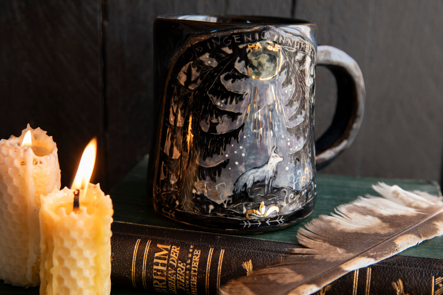 Beautiful meaningful mug with white wolf