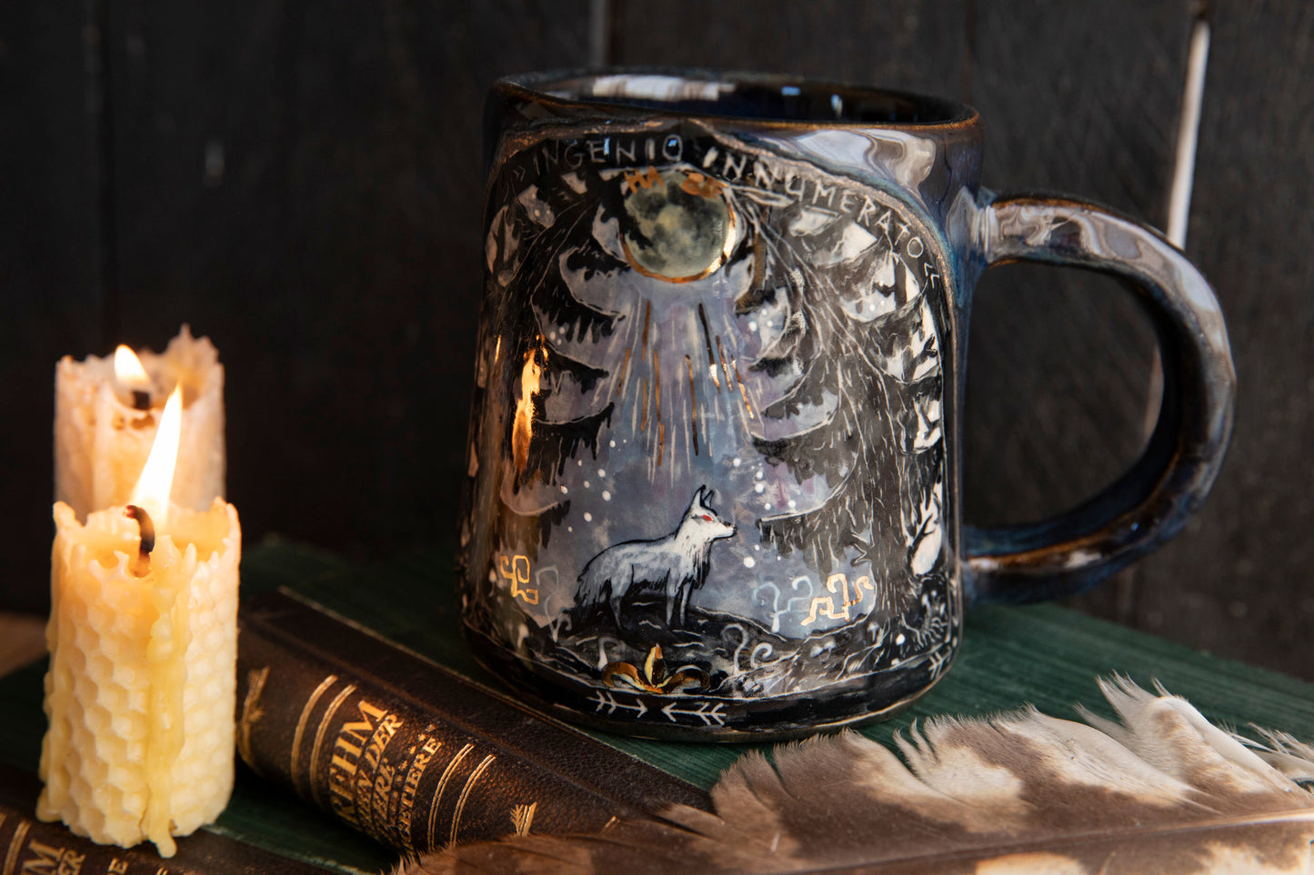 Beautiful meaningful mug with white wolf