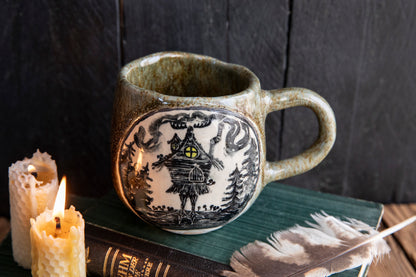 Baba Yaga ceramic mug with real gold. Magic forest mug. Pottery. Witch, cabin, hut, pottery