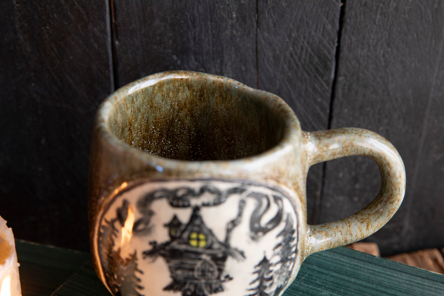 Baba Yaga ceramic mug with real gold. Magic forest mug. Pottery. Witch, cabin, hut, pottery