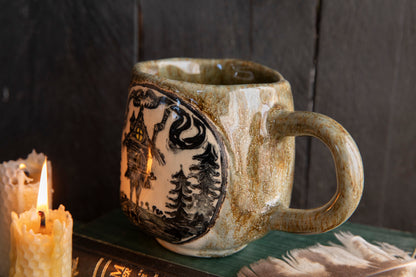 Baba Yaga ceramic mug with real gold. Magic forest mug. Pottery. Witch, cabin, hut, pottery