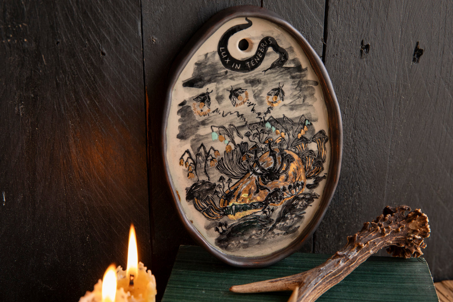 Wall decoration Light in the darkness, firefly and flowers and dog scull