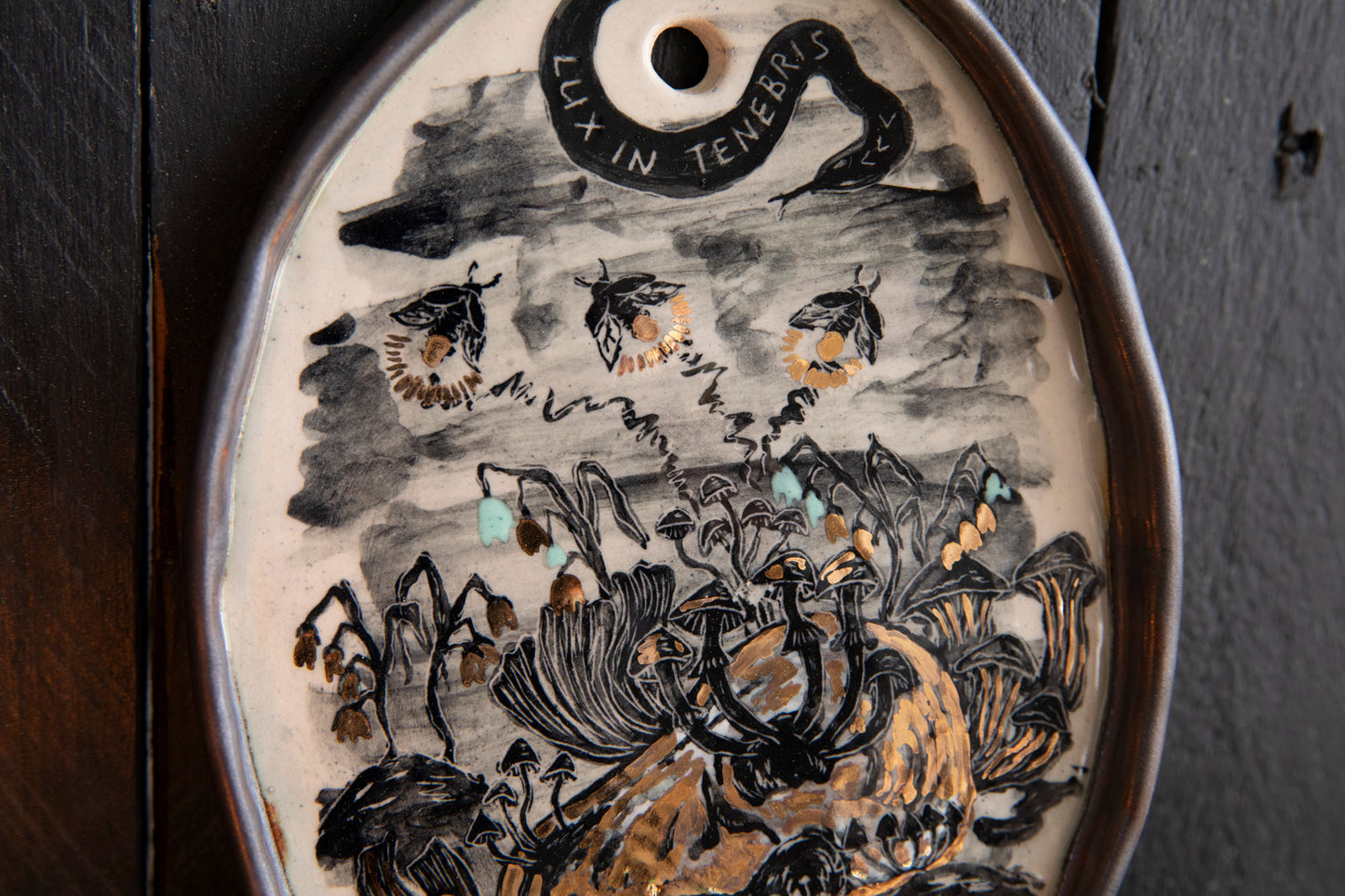 Wall decoration Light in the darkness, firefly and flowers and dog scull