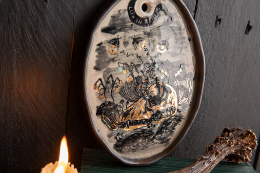 Wall decoration Light in the darkness, firefly and flowers and dog scull