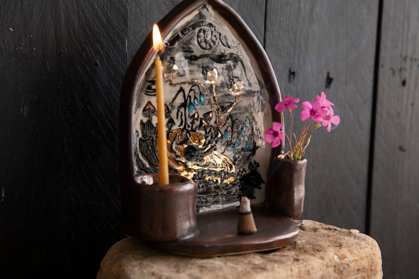 Altar Light in the darkness, firefly and flowers and dog scull