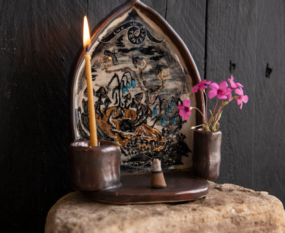 Altar Light in the darkness, firefly and flowers and dog scull