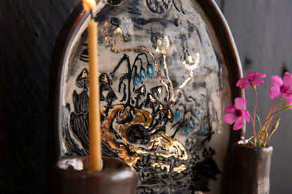 Altar Light in the darkness, firefly and flowers and dog scull