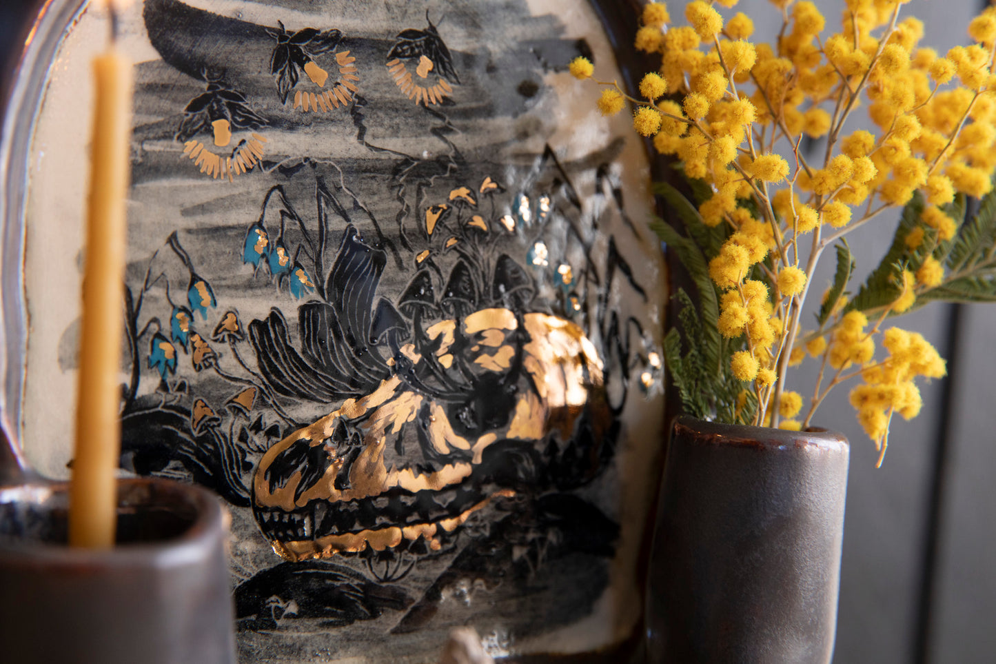 Altar Light in the darkness, firefly and flowers and dog scull