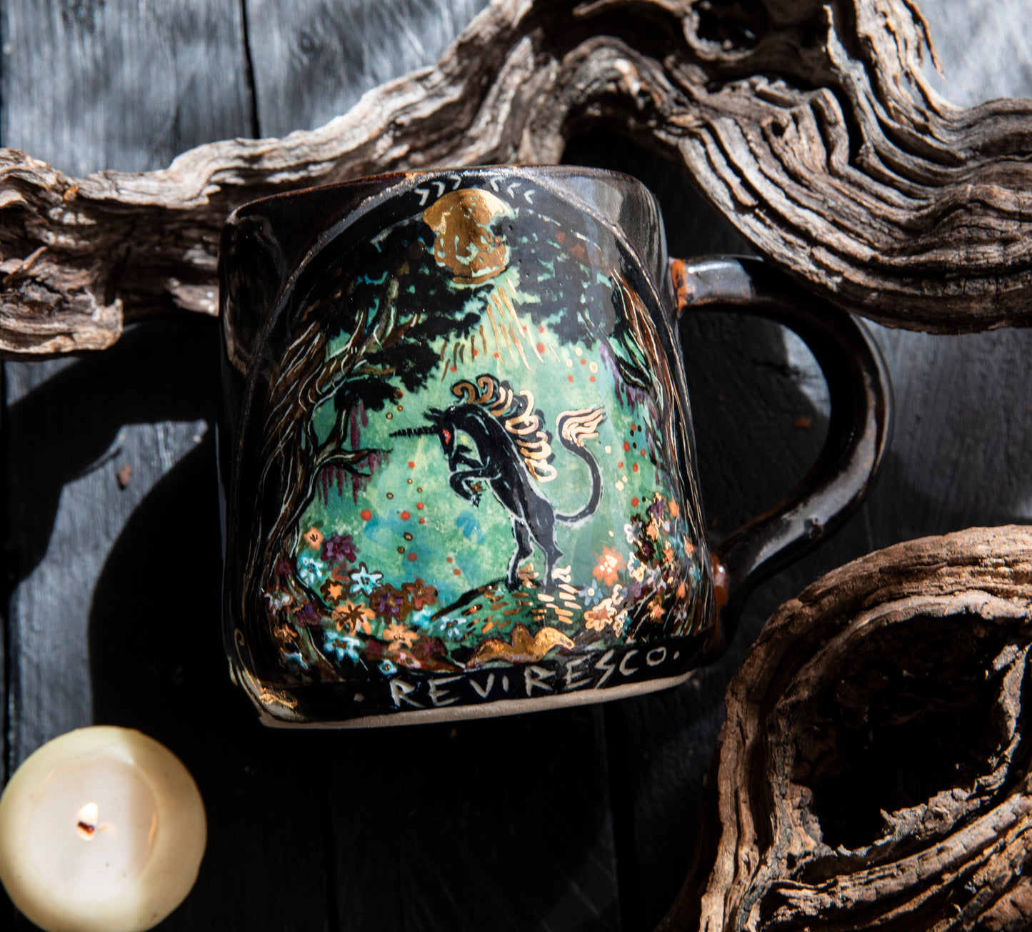 Black unicorn magic forest ceramic mug