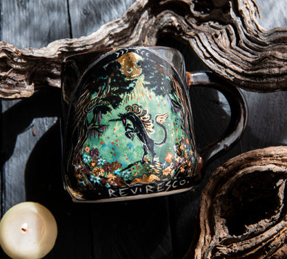 Black unicorn magic forest ceramic mug