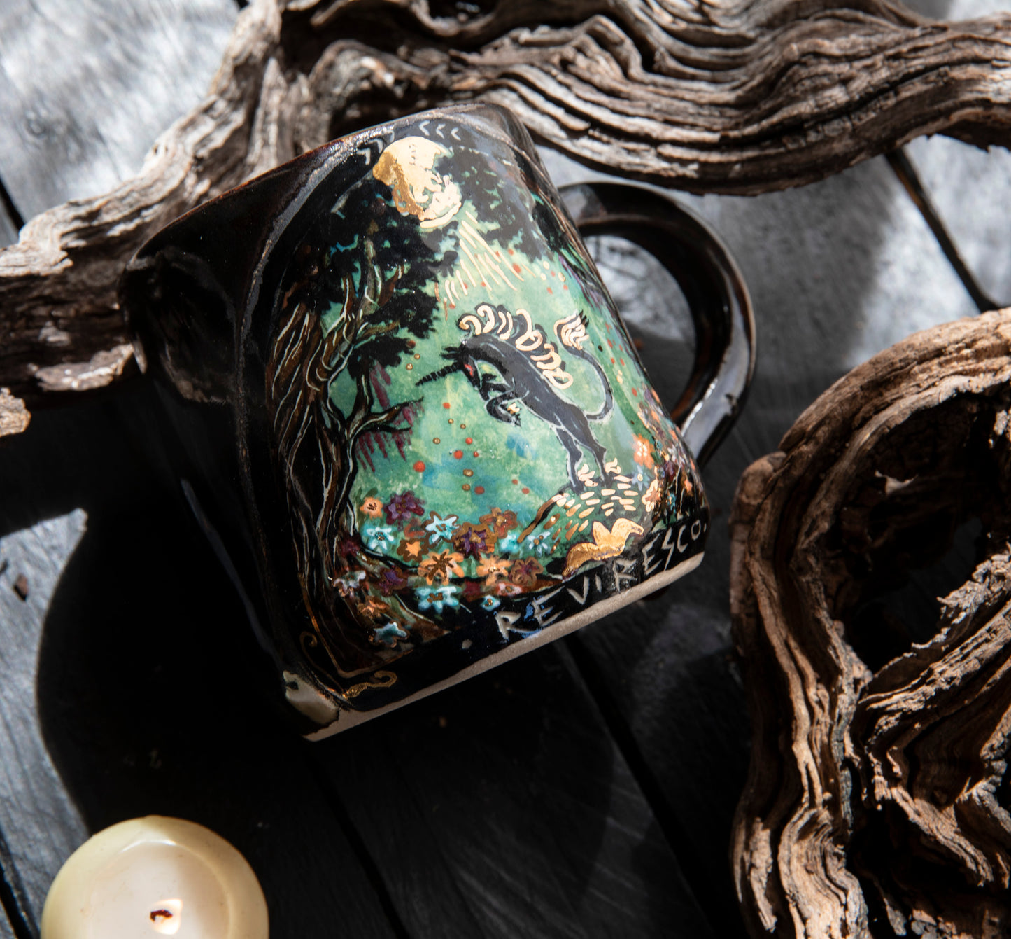 Black unicorn magic forest ceramic mug
