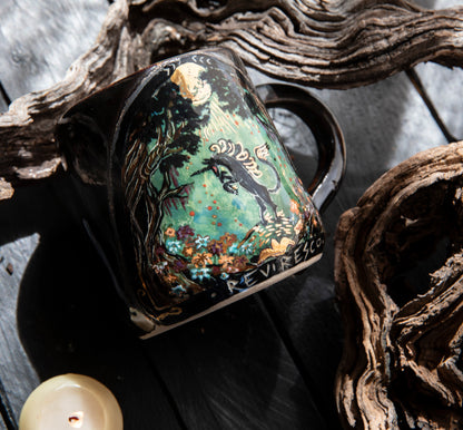 Black unicorn magic forest ceramic mug