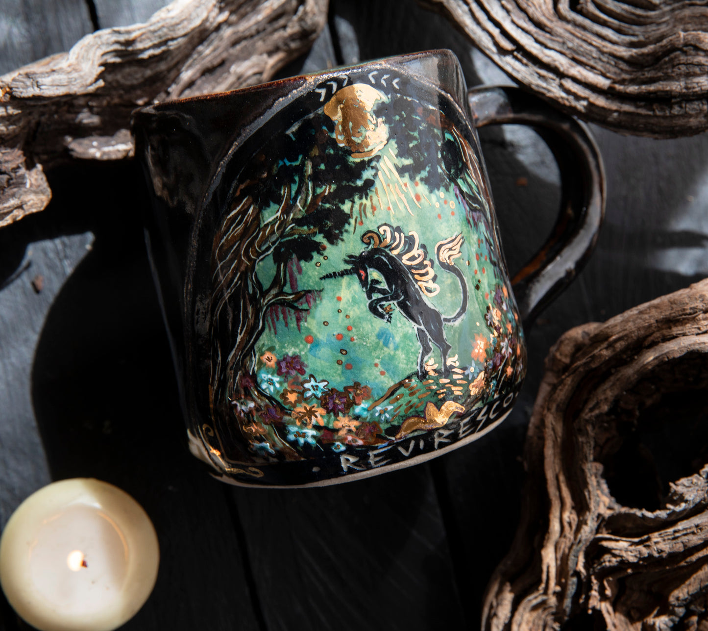 Black unicorn magic forest ceramic mug