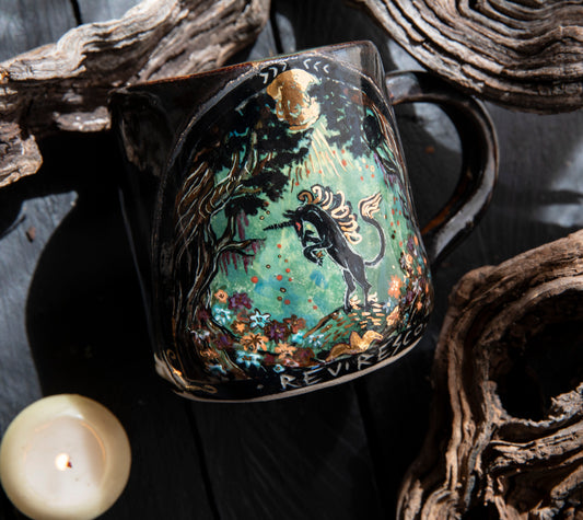 Black unicorn magic forest ceramic mug