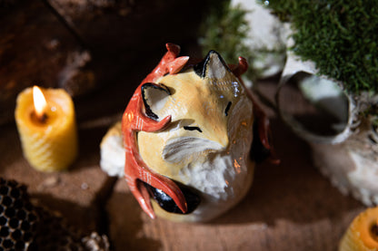 Red Fox Spirit with deer antlers Totem, ceramic sculpture one of a kind