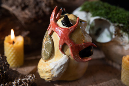 Red Fox Spirit with deer antlers Totem, ceramic sculpture one of a kind