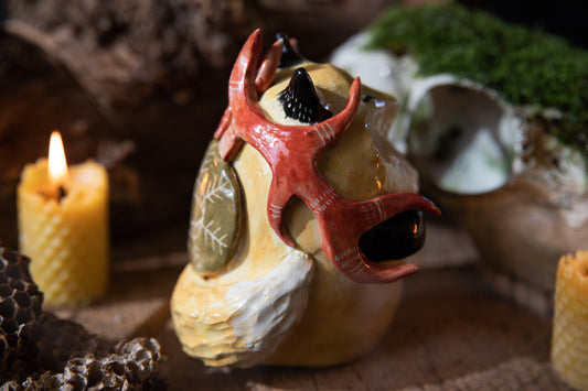 Red Fox Spirit with deer antlers Totem, ceramic sculpture one of a kind